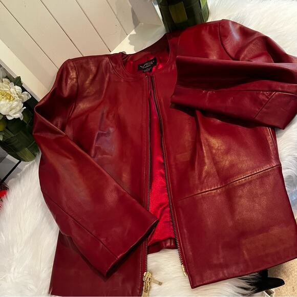 NEW Vakko VS2 Lamb Leather Classic Tailored Peplum Zip Collarless Jacket Red… - Picture 4 of 13
